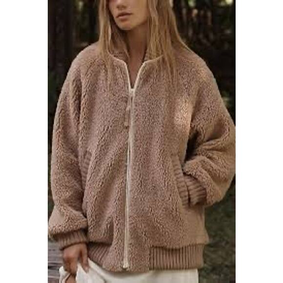 Varley Ella Long Line Sherpa Bomber Jacket Tan Teddy Zip Up Womens M Cozy Winter - Picture 2 of 9